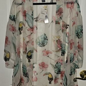 Floral and Bird Print Sheer Kimono